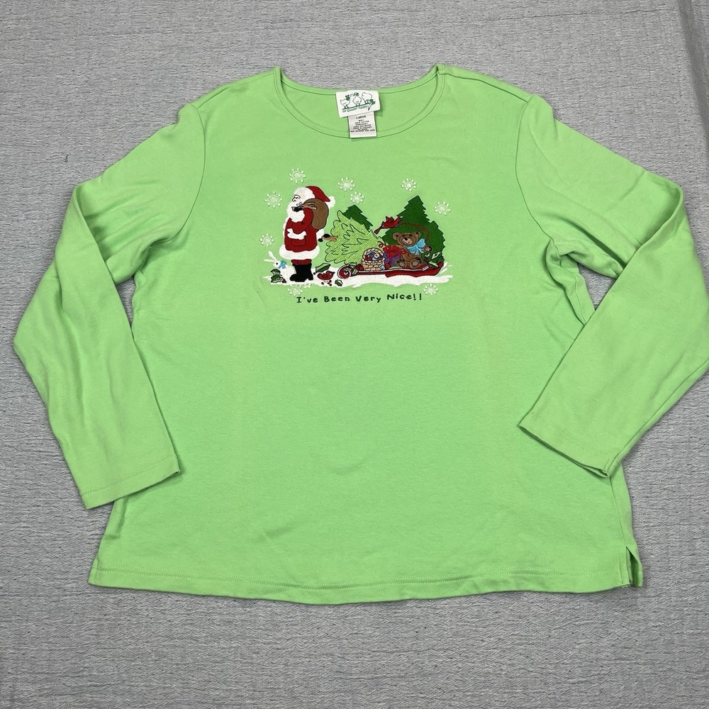 Vintage The Quacker Factory‎ Shirt Women's Large Green Christmas Santa Very Nice